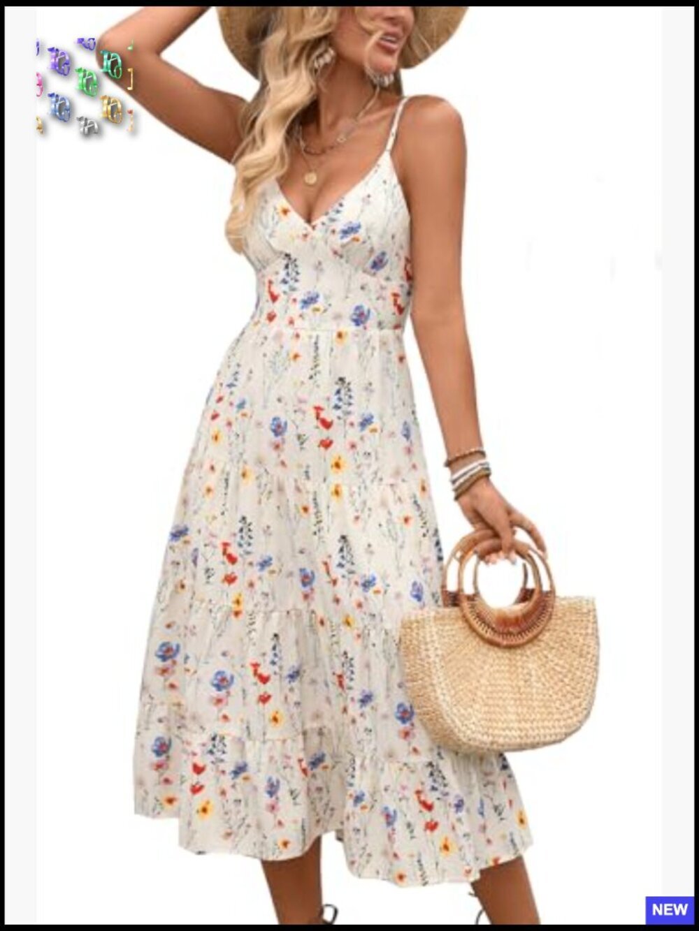Boho Floral V-Neck Sleeveless A-Line Summer Beach Dress High Waist Flowy - Picture 2 of 5